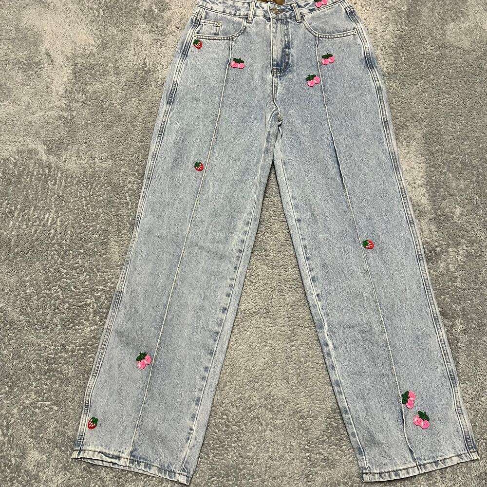 CHUU Jeans Womens 27 Strawberry Cherry Wide Leg Blue Baggy Denim Pants